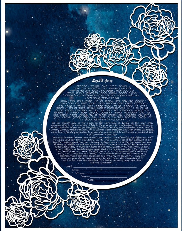 Peonies Papercut Multi-Layer Ketubah with Midnight Starry Sky Background