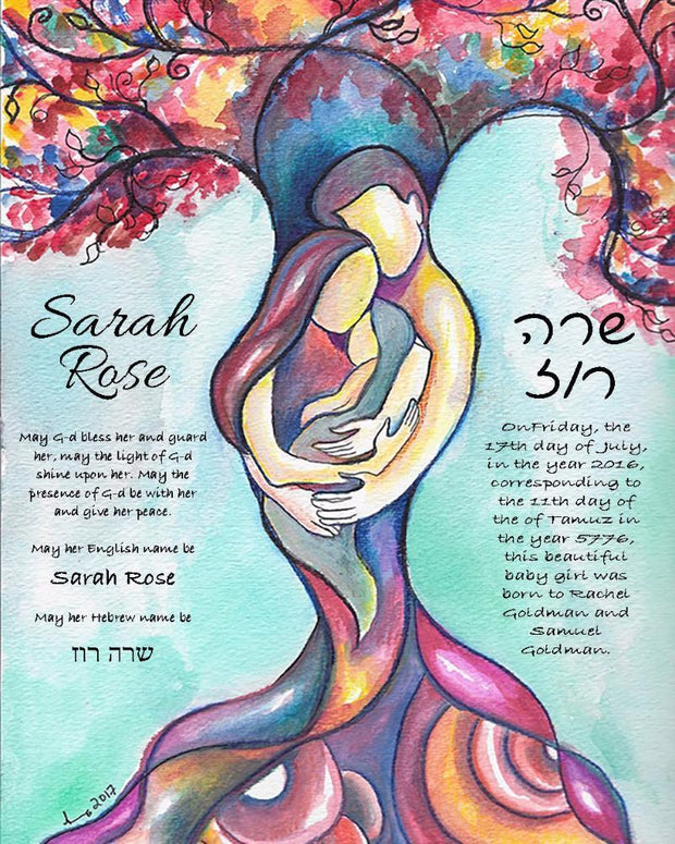 Tree of Life Jewish Baby Naming Certificate in Pink - Anna Abramzon Studio