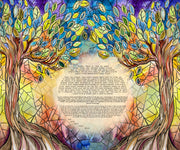 Stained Glass Trees of Life Watercolor Ketubah with Round Text