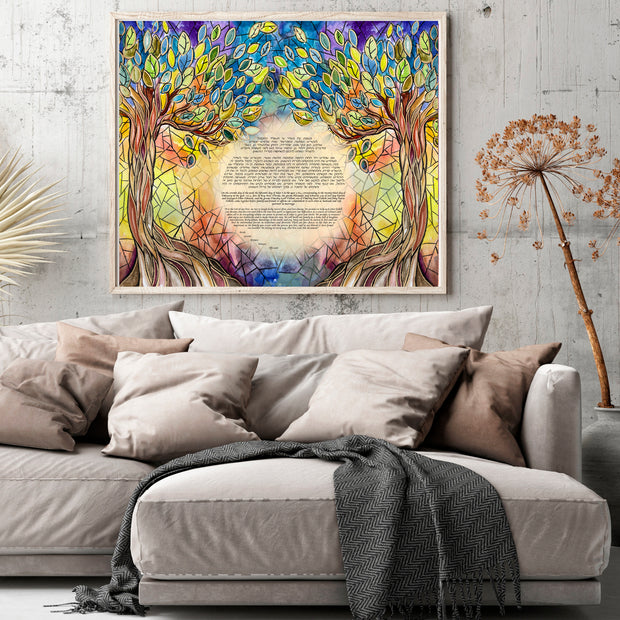 Stained Glass Trees of Life Watercolor Ketubah with Round Text