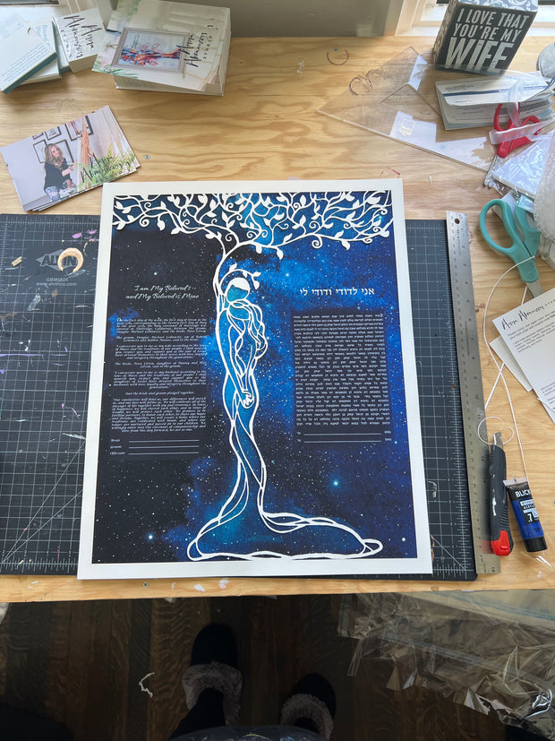 Classic Love Tree Papercut Multi-Layer Ketubah with Midnight Starry Sky Background