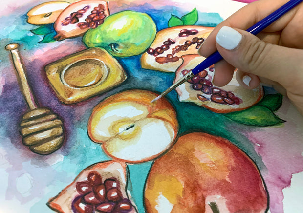 Apples, Honey and Pomegranate Rosh Hashanah Still Life Original Watercolor Painting II