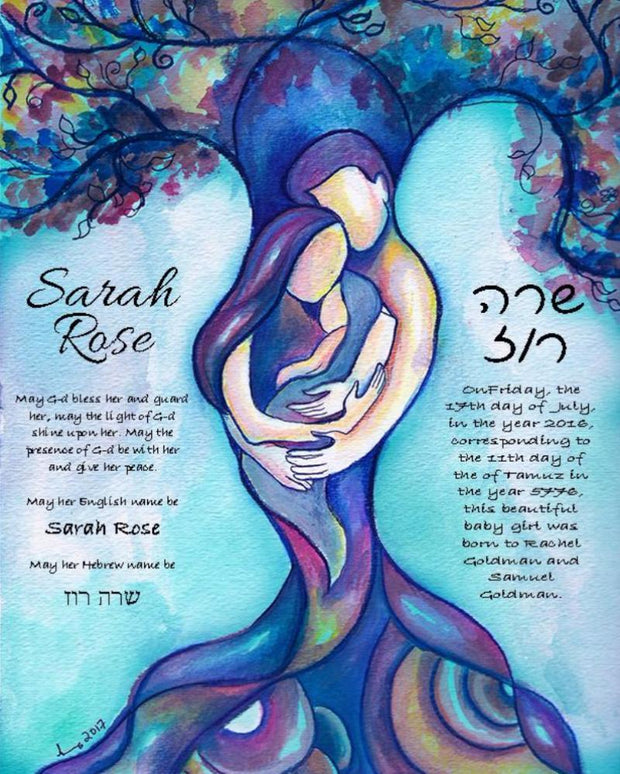 Tree of Life Jewish Baby Naming Certificate in Blue - Anna Abramzon Studio