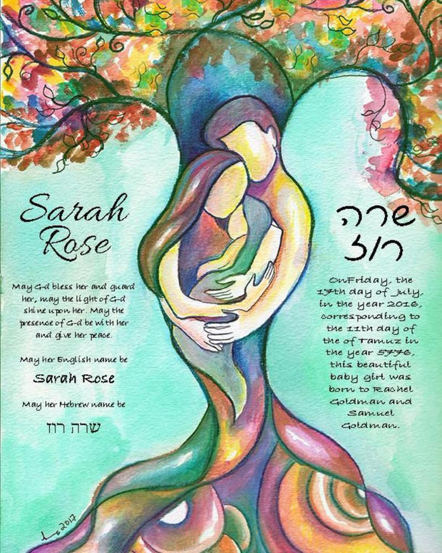 Tree of Life Jewish Baby Naming Certificate in Green - Anna Abramzon Studio