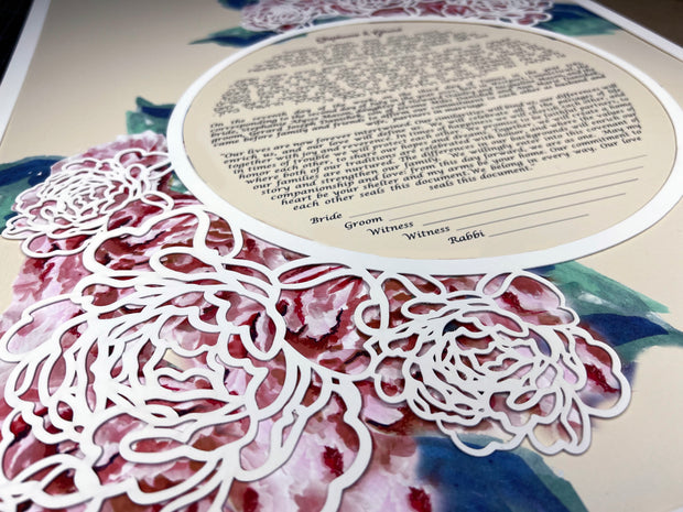 Peonies Papercut Ketubah with Painted Background
