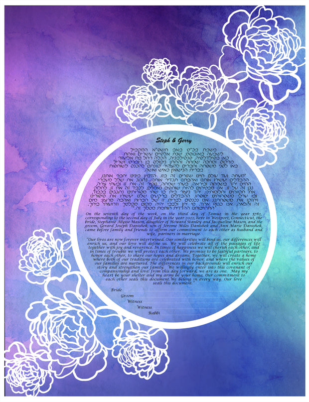 Peonies Papercut Multi-Layer Ketubah with Jewel Tone Watercolor Background