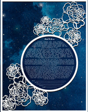 Peonies Papercut Multi-Layer Ketubah with Midnight Starry Sky Background