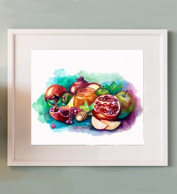 Apples, Honey and Pomegranate Rosh Hashanah Still Life Original Watercolor Painting I
